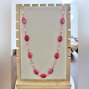 Oval Pink Marble Agate Gemstone Necklace 26”